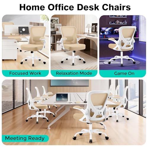 Office Chair - Ergonomic Breathable Mesh Desk Chair with Adjustable Lumbar Support and Flip-up Armrests - Executive High Back Rolling Swivel Comfortable Computer Gaming Chair for Home Office - color: Khaki