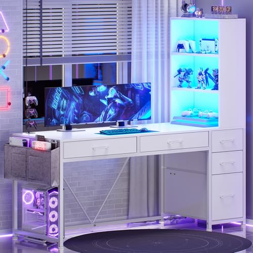 SEDETA Computer Desk with 5 Drawers and Bookshelf, Reversible Home Office Desk with Storage Shelves and File Drawer, Gaming Desk with LED Lights for Small Spaces, White - color: White