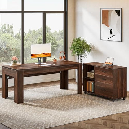 Tribesigns 63" L Shaped Desk with Storage, Executive Office Desk with Mobile Lateral File Cabinet Combo, Large Computer Table with Drawers and Shelves, Business Furniture Set for Home Office, Walnut - color: Walnut