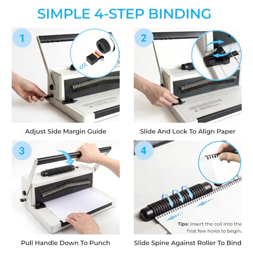 Spiral Binding Machine with Electric Coil Inserter, 20-Sheet Punch | 4:1 Pitch, 46 Fully Disengageable Pins, Binds up to 500 Sheets, 100 Coils, Crimping Pliers, Letter A4 A5 Legal