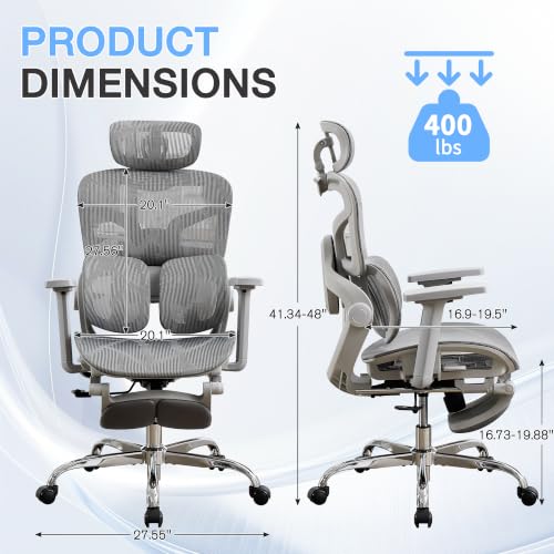 Ergonomic Mesh Office Chair with 2-Zone Lumbar Support and Footrest,Grey | Big and Tall, 400LBS, Adjustable Seat Depth, 4D Headrest, 4D Armrests Swivel Executive Chair for Home Office - color: Grey