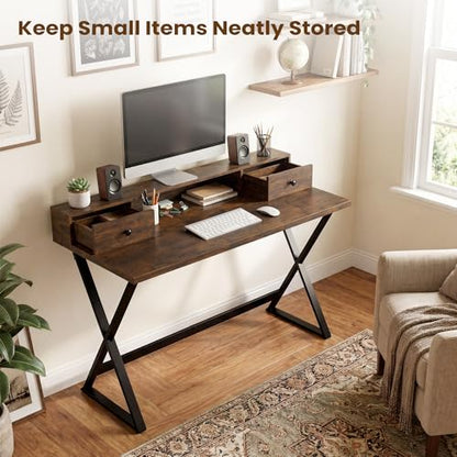 Manora Computer Desk with Drawers and Monitor Stand, 47" Home Office Desk with Storage Shelf, Rustic Brown Writing Study Table with Metal Frame for Bedroom, Workstation for Laptop PC