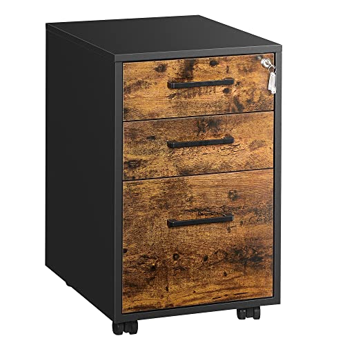 SONGMICS File Cabinet, Pre-Assembled Except Wheels and Handles, Office Filing Cabinet with Lock, for A4, Legal, Letter Sized Documents, 17.7 x 14.4 x 23.6 Inches, Rustic Brown and Black UOFC110B01V1 - color: Rustic Brown + Black, style: 3 drawer (23.6"H)