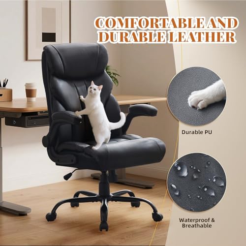 Office Chair 500 LBS, Heavy Duty Executive Leather Desk Chair with Adjustable Flip-Up Armrests, 100-118° Recline, Ergonomic Computer Chair for Heavy People Long Hours Work, Black - color: Black