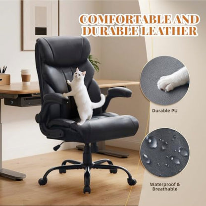 Office Chair 500 LBS, Heavy Duty Executive Leather Desk Chair with Adjustable Flip-Up Armrests, 100-118° Recline, Ergonomic Computer Chair for Heavy People Long Hours Work, Black - color: Black