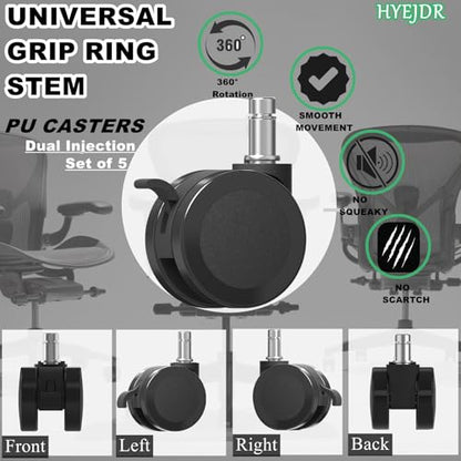 Office Chair Caster Wheels Replacement with Brake, 2.36"(60mm) Casters Replacement for Office Chair or Stool Wheel, Universal Size 11x22mm for Carpet and Hardwood Floors(Set of 5) - size: 11mm Stem With Brakes(Not for Ikea)