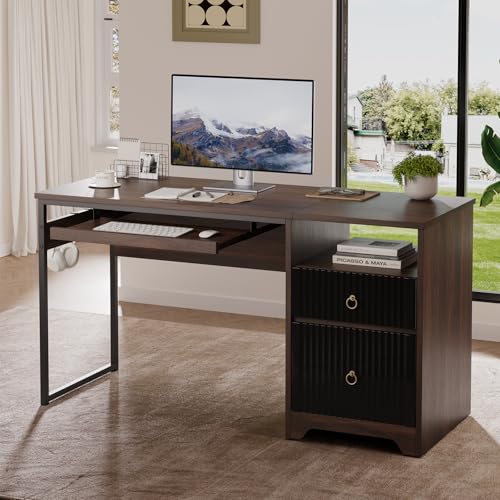 Bestier 55 Inch Wood Computer Desk with File Drawer & Keyboard Tray, Cherry | Fluted Panels, Ring Handles, File Drawer Letter/Legal, Storage Drawer, Keyboard Tray, Reversible, 2 Hooks, 150 Lbs, P2 Board - color: Cherry, size: 55 Inch