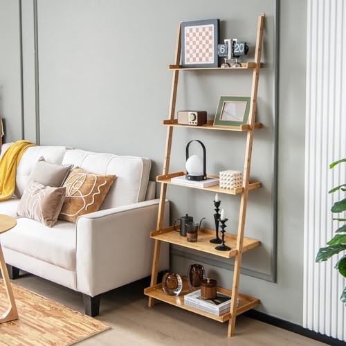 Tangkula 5-Tier Ladder Shelf Bookcase, Bamboo 72”H Wall-Leaning Bookshelf with Baffles and Anti-Tipping Kits, Plant Stand for Living Room Bathroom Home Office Decor, Ladder Bookshelf, Natural - size: 26" x 14.5" x 72" (L x W x H)
