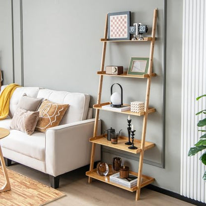 Tangkula 5-Tier Ladder Shelf Bookcase, Bamboo 72”H Wall-Leaning Bookshelf with Baffles and Anti-Tipping Kits, Plant Stand for Living Room Bathroom Home Office Decor, Ladder Bookshelf, Natural - size: 26" x 14.5" x 72" (L x W x H)