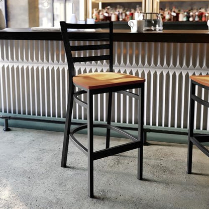 Flash Furniture HERCULES Series Black Ladder Back Metal Restaurant Barstool - Natural Wood Seat - color: Natural Wood Seat/Black Metal Frame, size: Set of 1