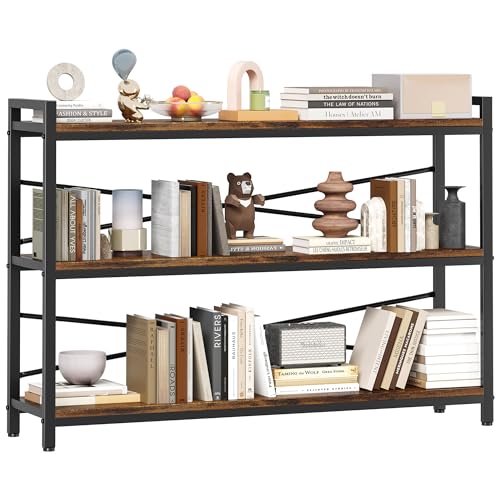 3 Tier Bookcase 47.24" Width, Long Industrial Book Shelf, Vintage Wooden Large Book Shelf for Home Living Room Bedroom Office Storage(Vintage) - color: Vintage, size: 3 Tier - 47.2" W