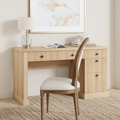 54-Inch Fluted Computer Desk with Drawers and Charging Station - color: Natural, size: 21.6"D x 54"W x 30"H