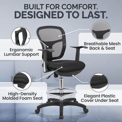 OfficeFactor Drafting Chair Tall Office Chair with Arms Executive Ergonomic Standing Desk Chair with Anti Scratch Wheels and Footrest - color: Black