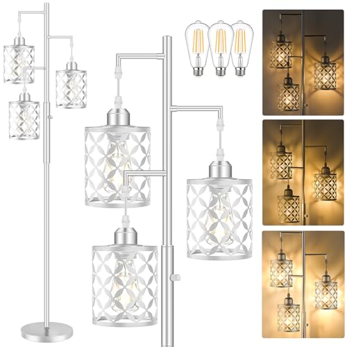 72" Modern Tree Floor Lamp, Dimmable Minimalist Tall Standing Lamp with Metal Cages & Rotary Dimmer Knob, Corner Decor Lighting for Living Room Bedroom Cafe, 3 x 800LM Bulbs Included-Silver - color: Silver (800LM), size: 72"