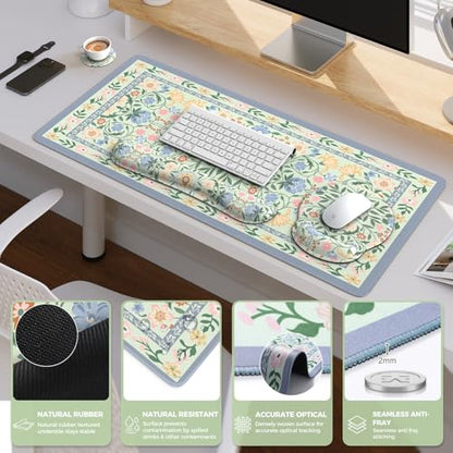 iCasso Desk Cover Mat, Gaming Mouse Pad Wrist Support Set,4in1 XXL Large Mousepad + Keyboard Wrist Rest+Mouse Wrist Rest+Coaster Set with Ergonomic Design for Home Office Table Computer(Green Flowers) - color: Green Flowers