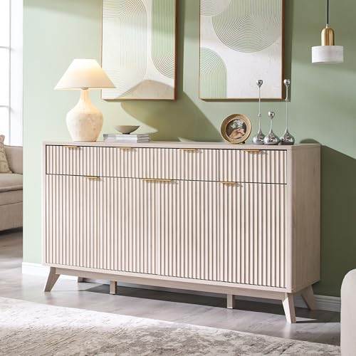 T4TREAM 60 Inch Fluted Buffet Sideboard Cabinet, White Alder | Modern Coffee Bar Storage Cabinet With 3 Drawers & 4 Doors, for Dining Room, Living Room, Hallway, Adjustable shelves - color: White Alder