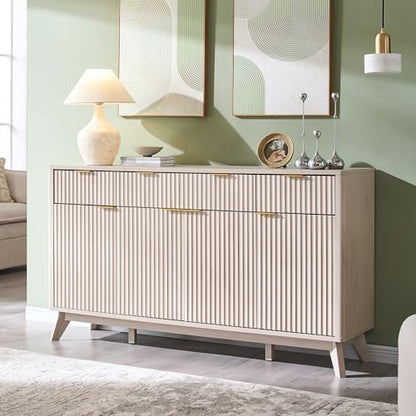 T4TREAM 60 Inch Fluted Buffet Sideboard Cabinet, White Alder | Modern Coffee Bar Storage Cabinet With 3 Drawers & 4 Doors, for Dining Room, Living Room, Hallway, Adjustable shelves - color: White Alder
