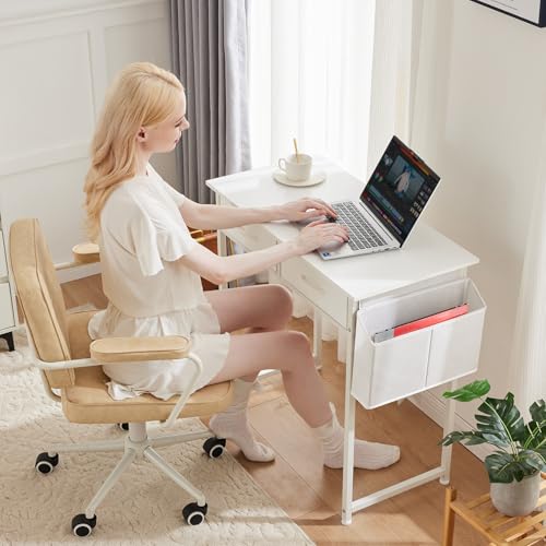 DUMOS 32" Home Office Computer Desk with Drawers, Small Gaming Writing Study Table with Storage Side Bag, Headphone Hook and Adjustable Feet for Bedroom White | Small Writing Desk for Home Office with Headphone Hook, Compact Study Table for Bedroom