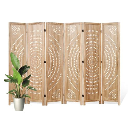 66.9Inch Folding Room Divider, 6 Panels Wood Carved Privacy Screens, Free Assembled Freestanding Partition for Home Office Restaurant Bedroom (Natural) - color: Natural, size: 6 Panels