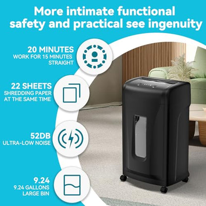 Large Commercial Heavy Duty 22-Sheet High Security Cross-Cut Paper Shredder with 9.24 Gallon Pullout Waste Bin, Quiet Office Shredding for Documents, Staples, Credit Cards