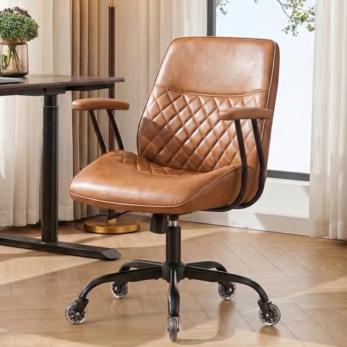 NEO CHAIR Brown Leather Office Chair with Ergonomic Design, Swivel Chair | Modern Computer Desk Chair with Genuine Leather, Lumbar Support, Removable Arms, Comfy Chair for Home Office, Smooth Rolling - color: A. Mid-back Brown