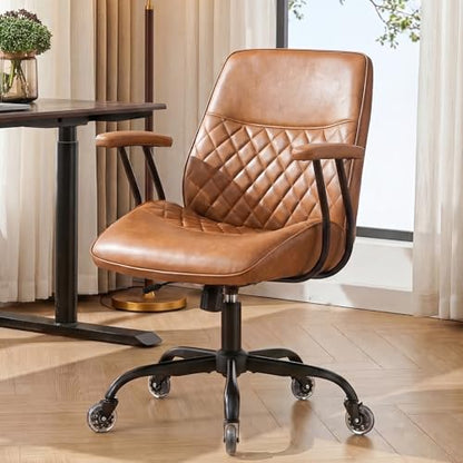 NEO CHAIR Brown Leather Office Chair with Ergonomic Design, Swivel Chair | Modern Computer Desk Chair with Genuine Leather, Lumbar Support, Removable Arms, Comfy Chair for Home Office, Smooth Rolling - color: A. Mid-back Brown