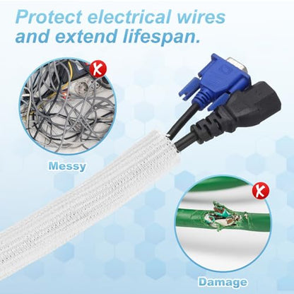 MECCANIXITY Split Sleeve Wire Loom 1-1/2" 5Ft White Self Wrapping Braided Sleeve UL94-V2 Fireproof PET Sleeving for Automotive, Home Cable Management - color: White, size: 1-1/2" x 5Ft