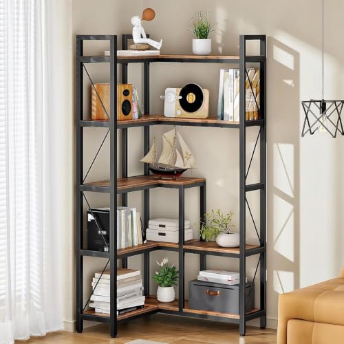 Corner Bookshelf, 5-Tier L-Shaped Bookcase, Corner Shelf with Metal Frame, Industrial Tall Display Shelf, for Living Room, Home Office, Bedroom, Rustic Brown TSJ12BF