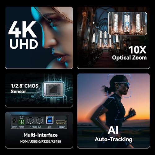 TONGVEO AI 4K PTZ Camera with Auto Tracking, 10X Optical Zoom Video Conferencing Camera, HDMI & USB 3.0 Plug and Play Webcam for Zoom, Teams, Church Worship, Live Streaming, Education - color: Grey