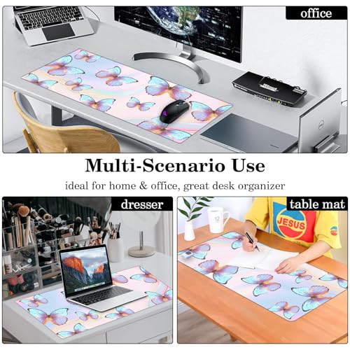 Butterfly Desk Pad Protector, Stitched Edges Mouse Pad, Large Office Mat, Non-Slip Blotter, Laptop Pad, Writing Pad for Office and Home (31.5" x 15.7") - color: A02-dreamy Butterfly