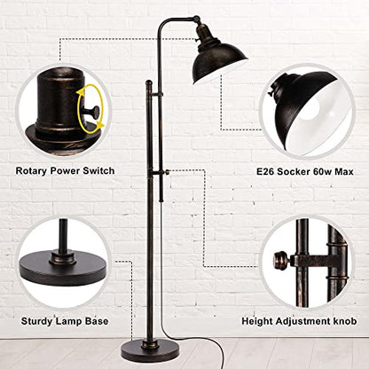 PARTPHONER Industrial Floor Lamp Adjustable, Rustic Farmhouse Reading Lamp in Aged Black Finish, Modern Standing Lamp with Remote Control Metal Shade for Living Room Bedroom Study Room Office Hotel - color: Black