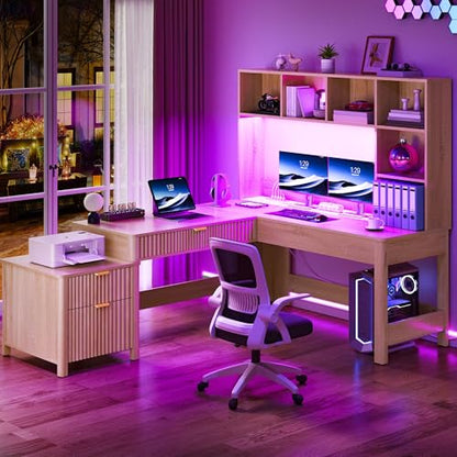 YITAHOME L Shaped Desk with Hutch & Drawers, Natural Oak, 67" | Computer Desk Gaming Desk, Power Outlets & LED Lights, Wood Home Office Desk with Printer Stand
