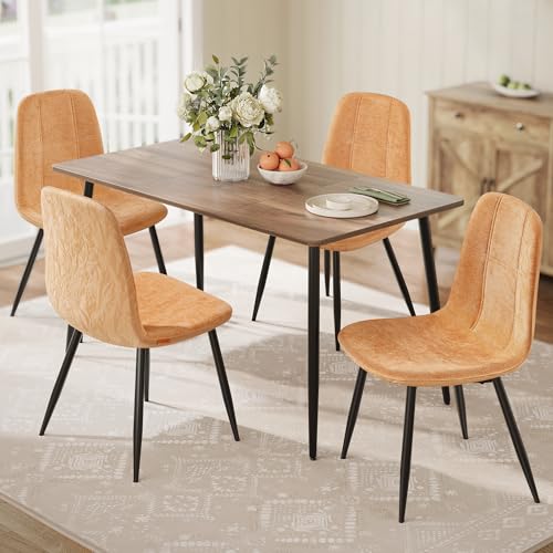 VASAGLE Set of 4 Dining Chairs, Dining Room Kitchen Chairs, Metal Frame, Adjustable Feet, Easy to Clean, Chenille Fabric, Glacier-Textured Synthetic Leather, Caramel Brown UKDC187K01-2J - color: Caramel Brown, size: Set of 4 (PU+Fabric)