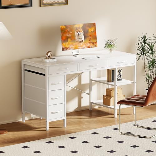 Sweetcrispy 55" Computer Desk with 6 Fabric Drawers & Storage Shelves - color: Pure White, size: 54.9 Inches
