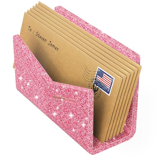 Beego Envelope and Mail Organizer Countertop - Glitter Pink Acrylic Desk Organizer Letter Holder Desktop File Sorter Bill Document Folder Rack for Office, Home, School Desk Organization - color: Glitter Pink, size: 1 Compartment