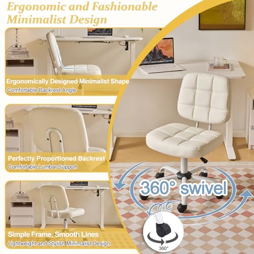 VINGLI Compact Small Desk Chair, Cute Armless Chair with Wheels, Vanity Chair with Low Back, Height Adjustable Task Chair for Small Spaces, Office, Bedroom, Make Up Room, PU Leather, White - color: White