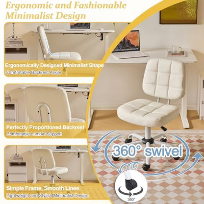 VINGLI Compact Small Desk Chair, Cute Armless Chair with Wheels, Vanity Chair with Low Back, Height Adjustable Task Chair for Small Spaces, Office, Bedroom, Make Up Room, PU Leather, White - color: White