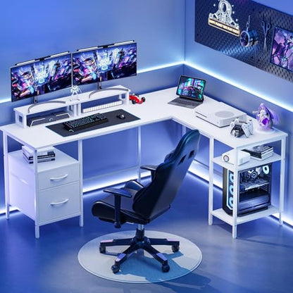 L Shaped Gaming Desk with Power Outlet & 2 Monitor Stands, Computer Desk with Drawer & Adjustable Storage Shelves, Large Corner Desks for Home Office, White