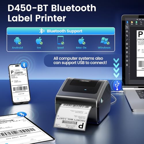 D450BT Bluetooth Shipping Label Printer and 250Pcs Roll Thermal Labels, Wireless Thermal Label Printer for Small Business