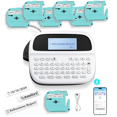 M950 Label Maker Machine with 7 Tapes, Label Maker Freezer Waterproof Labels, Rechargeable & Backlit & Inkless & Bluetooth, Handheld Label Printer Bundle for Home Kitchen Food-Labels