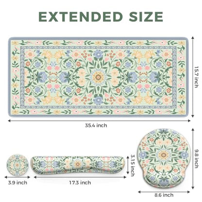 iCasso Desk Cover Mat, Gaming Mouse Pad Wrist Support Set,4in1 XXL Large Mousepad + Keyboard Wrist Rest+Mouse Wrist Rest+Coaster Set with Ergonomic Design for Home Office Table Computer(Green Flowers) - color: Green Flowers