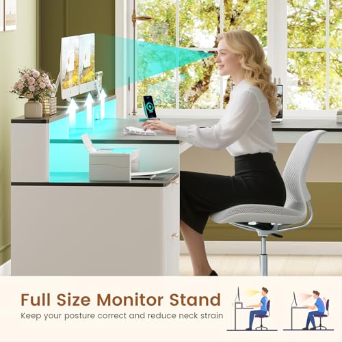SEDETA 66" Modern L Shaped Desk with Drawers, Fluted Home Office Desk with File Cabinet and Printer Shelf, Wood Executive Desk with Monitor Stand, Led Lights, Power Outlets, White - color: White, size: L Shaped Desk