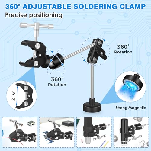 Magnetic Helping Hands Soldering Station with 5X LED Magnifying Lamp, 6 Flexible Arms, 360° Soldering Clamp, Heavy Duty Base, Magnetic Third Hand Tool for Precision Soldering, Electronics & DIY