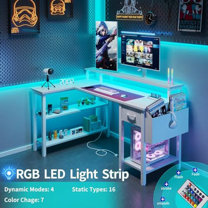 Lufeiya White L Shaped Gaming Desk with Fabric Drawers and Storage Shelves, 47 inch Home Office Desk with Monitor Stand, Computer Desk with LED Lights and Power Outlets, White - color: White