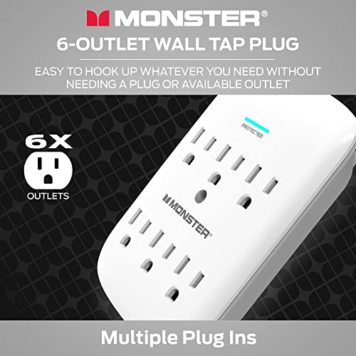 Monster 5000W Surge Protector Power Strip, 6 Outlet Wall Outlet Extender, 120V, 300 Joules Surge Protection, ETL Certified, LED Ground Indicator, Compact Wall Tap, White