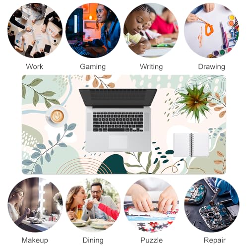 Faux Leather Large Mouse Pad, Office Desk Mat, 31.5"x15.7", Green Pink - color: Silhouette Plants-b, size: 31.5L x 15.7W inches