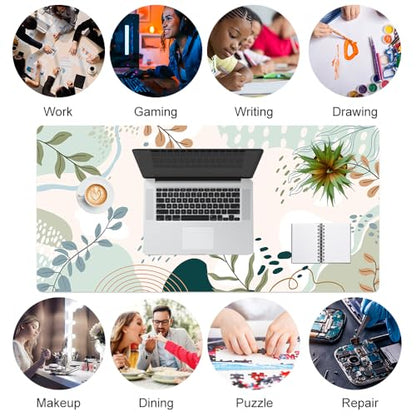 Faux Leather Large Mouse Pad, Office Desk Mat, 31.5"x15.7", Green Pink - color: Silhouette Plants-b, size: 31.5L x 15.7W inches