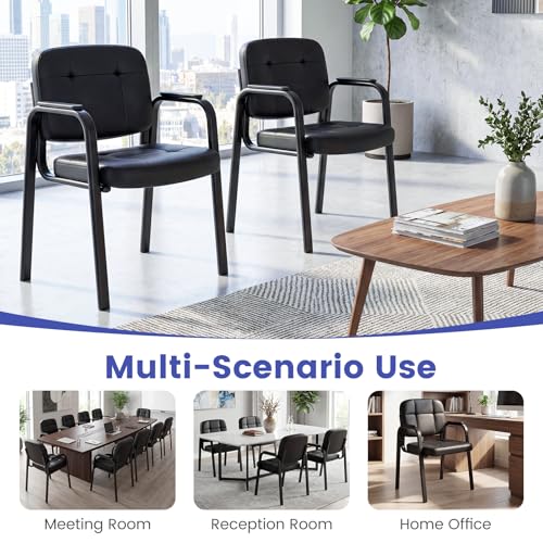 GIANTEX Waiting Room Guest Chairs Set of 2, Leather Office Reception Chairs with Padded Armrests, Metal Frame, Stationary Side Chairs No Wheels for Conference Meeting Lobby Home, Black