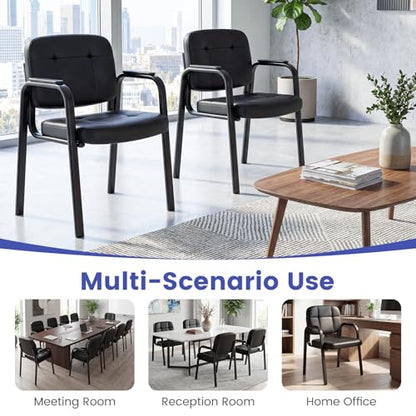 GIANTEX Waiting Room Guest Chairs Set of 2, Leather Office Reception Chairs with Padded Armrests, Metal Frame, Stationary Side Chairs No Wheels for Conference Meeting Lobby Home, Black