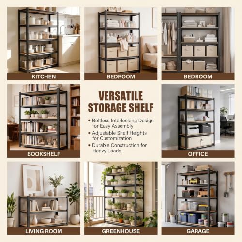 5 Tier Wooden Bookshelf, Heavy Duty Adjustable Tall Bookcase | 3000 LBS Bolt-free Storage Shelves with Deep Bookshelf for living Room, Office and Garage Storage - size: Wooden 35.4"Wx 15.7"Dx 71.2"H